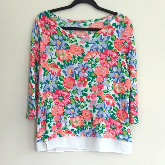 Talbots Floral Chiffon Hem Top Sweater Size Medium 3/4 Sleeve Cotton Rayon Knit - Picture 1 of 6